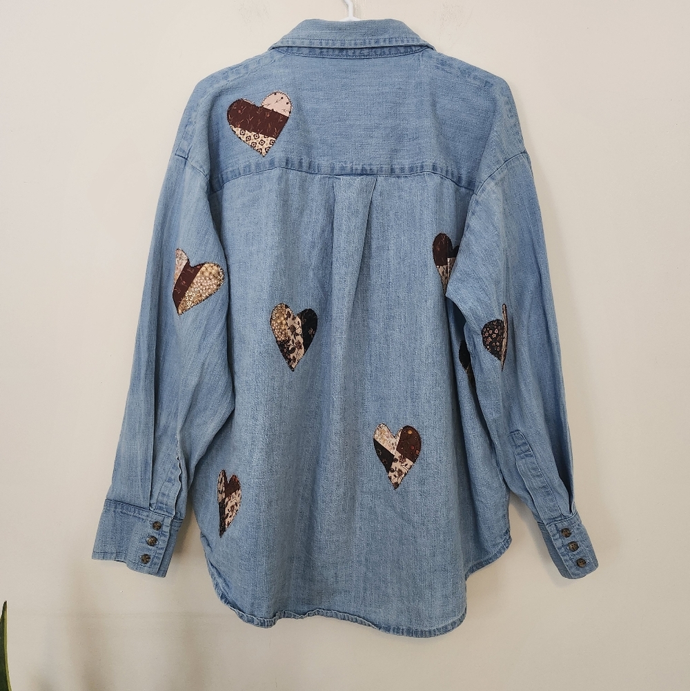 Re Worked Denim Shirt With Patchwork Hearts - Picture 5 of 9